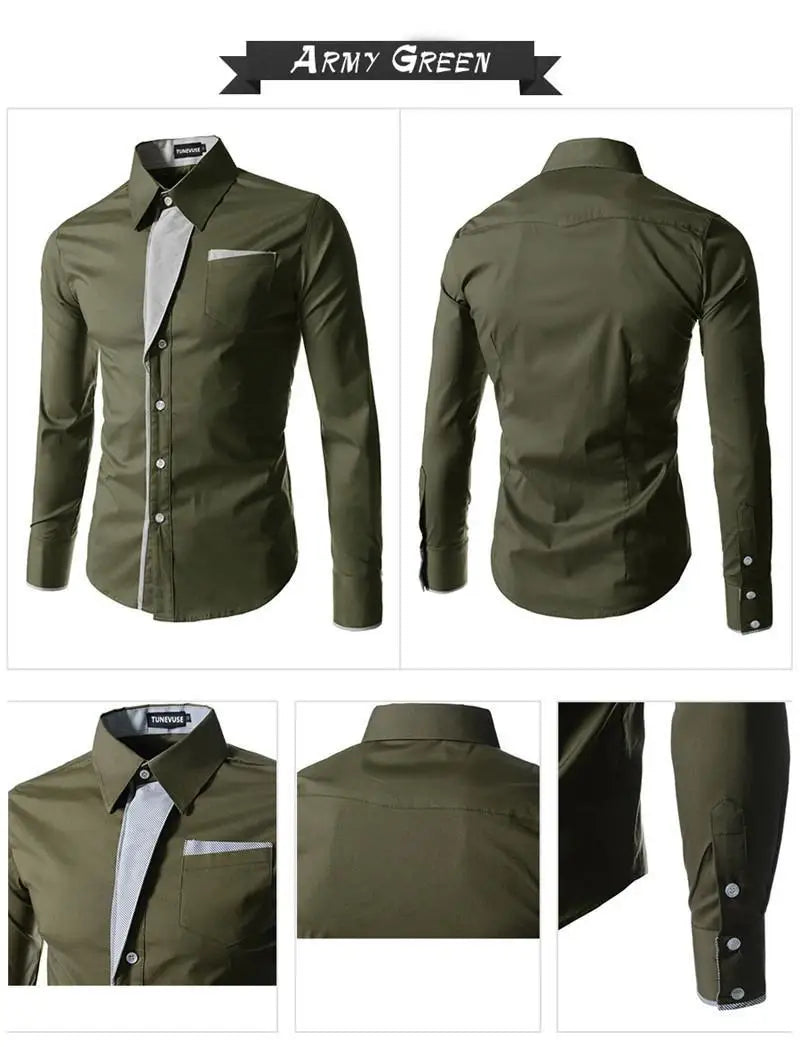 Mens Long Sleeve Button Front Shirt with Front Collar Details