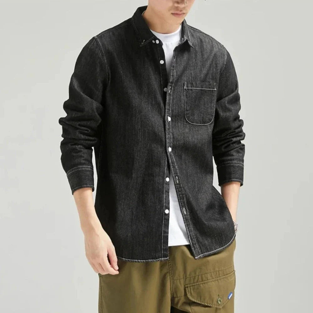 Mens Long Sleeve Single Pocket Denim Shirt